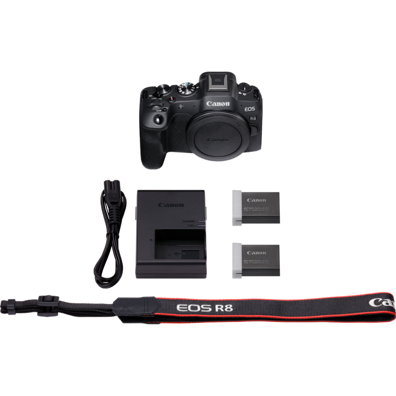 Canon EOS R8 spiegellose Kamera + Ersatzakku Produkt Lieferumfang