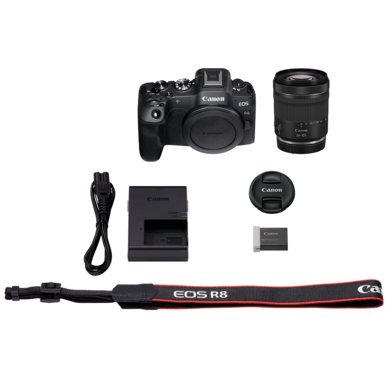 Canon EOS R8 Mirrorless Camera + RF 24-105mm F4-7.1 IS STM Lens Product What's in the Box