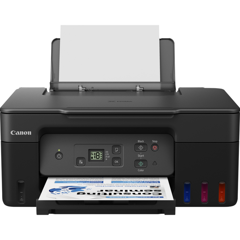 Canon PIXMA G2570 3-in-1 MegaTank Farbdrucker mit nachfüllbaren Tintenbehältern Produkt Seitenansicht mit Flasche gelber Nachfülltinte
