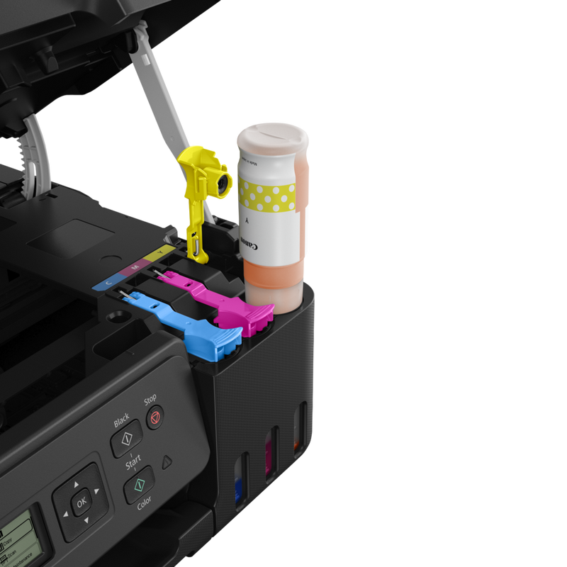 Canon PIXMA G3570 WLAN 3-in-1 MegaTank Farb-Multifunktionssystem mit nachfüllbaren Tintentanks , Schwarz Produkt Seitenansicht mit Flasche gelber Nachfülltinte