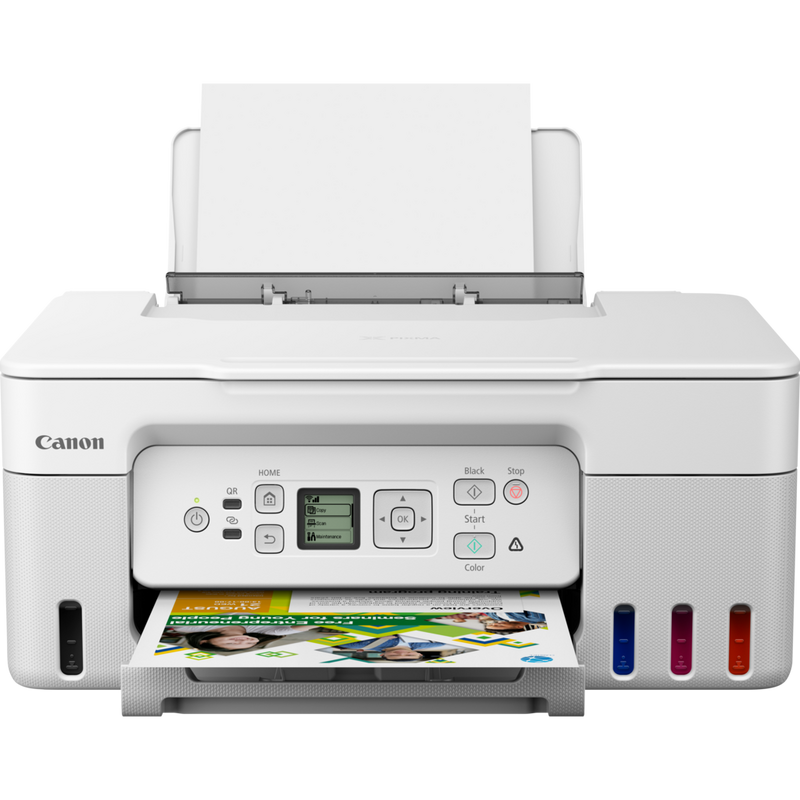 Canon PIXMA G3571 MegaTank 3-in-1 Farb-Multifunktionssystem mit WLAN und nachfüllbaren Tintentanks, Weiß Produkt Vorderansicht mit ausgeklapptem Fach