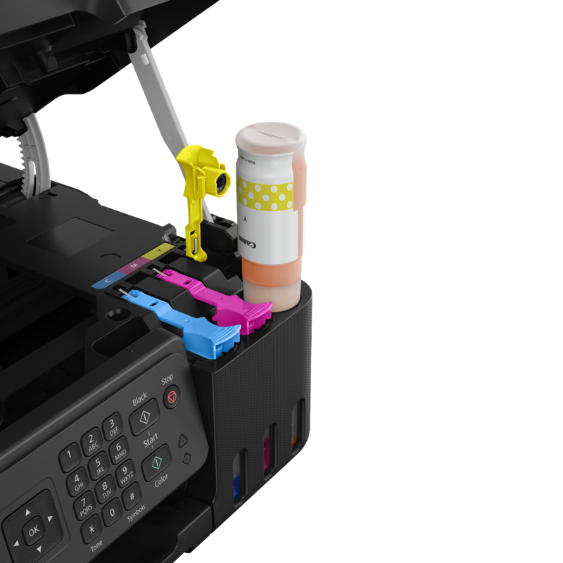 Canon PIXMA G4570 MegaTank Farb-Tintenstrahl-Multifunktionssystem mit WLAN und nachfüllbaren Tinten Produkt Seitenansicht mit Flasche gelber Nachfülltinte
