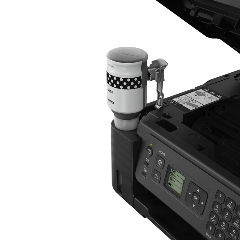 Canon PIXMA G4570 MegaTank Farb-Tintenstrahl-Multifunktionssystem mit WLAN und nachfüllbaren Tinten Produkt Seitenansicht mit Flasche schwarzer Nachfülltinte