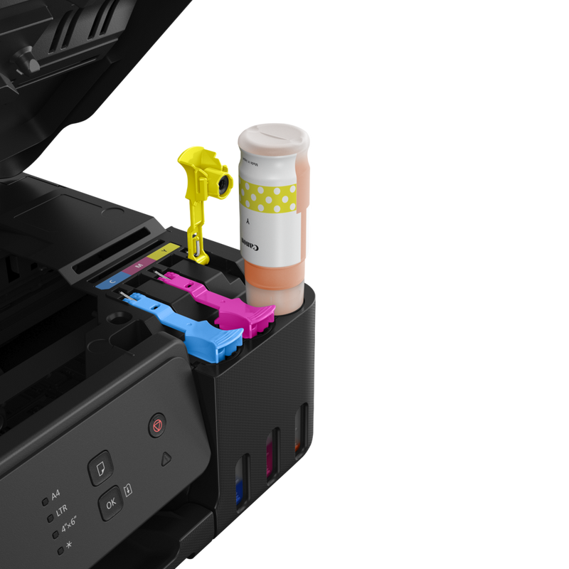 Canon PIXMA G1530 MegaTank Farbdrucker mit nachfüllbaren Tintenbehältern Produkt Seitenansicht mit Flasche gelber Nachfülltinte