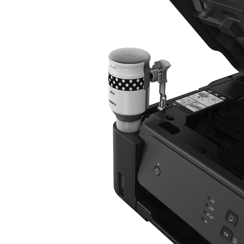 Canon PIXMA G1530 MegaTank Farbdrucker mit nachfüllbaren Tintenbehältern Produkt Seitenansicht mit Flasche schwarzer Nachfülltinte