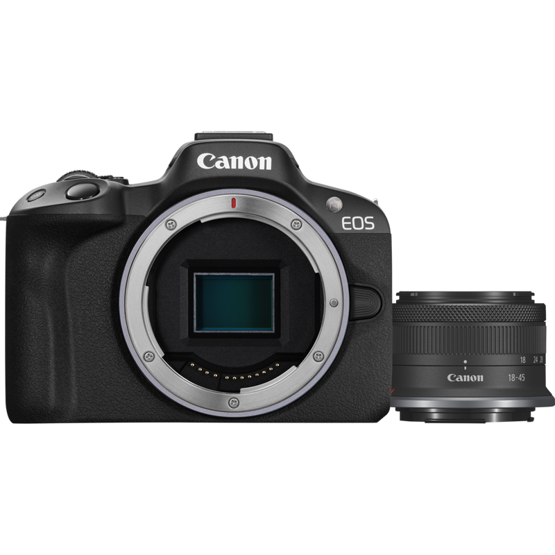 Canon EOS R50 spiegellose Kamera und RF-S 18-45mm F4.5-6.3 IS STM Objektiv Produkt Vorderansicht mit Objektiv