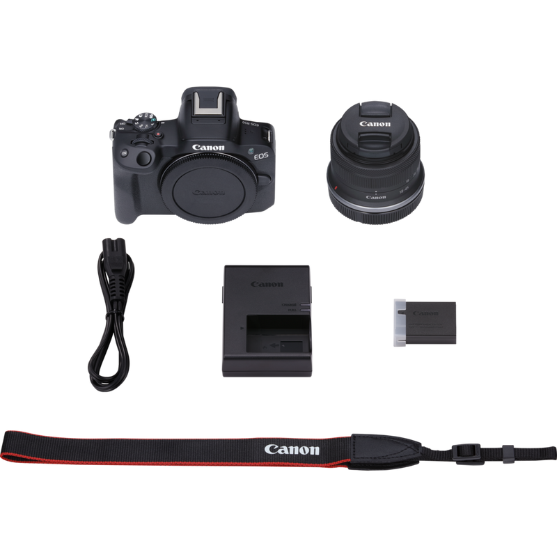 Canon EOS R50 spiegellose Kamera und RF-S 18-45mm F4.5-6.3 IS STM Objektiv Produkt Lieferumfang