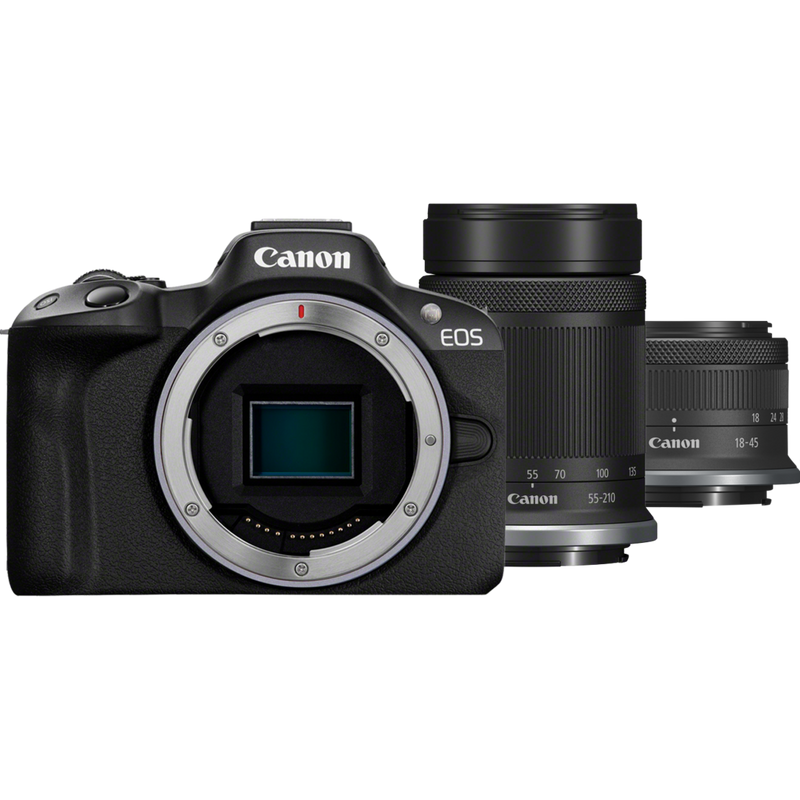 Canon EOS R50 spiegellose Kamera, Schwarz + RF-S 18-45mm IS STM Objektiv + RF-S 55-210mm IS STM Objektiv Produkt Vorderansicht mit 2 Objektiven