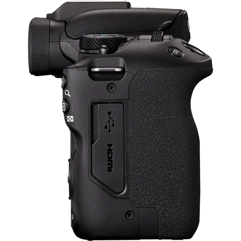 Canon EOS R50 spiegellose Kamera, Schwarz + RF-S 18-45mm IS STM Objektiv + RF-S 55-210mm IS STM Objektiv Produkt Ansicht von links