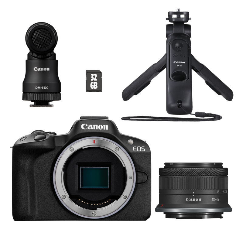 Canon EOS R50 spiegelloses Kameragehäuse Schwarz Vlogger Kit Produkt Vorderansicht mit Objektiv und Stativ