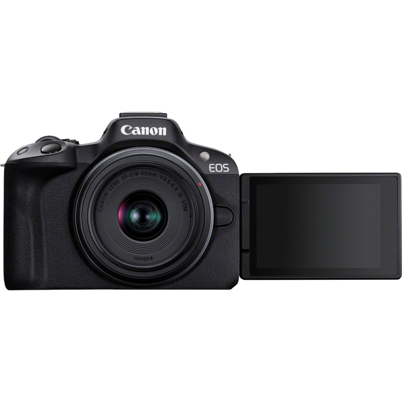 Canon EOS R50 spiegelloses Kameragehäuse Schwarz Vlogger Kit Produkt Vorderansicht mit Display