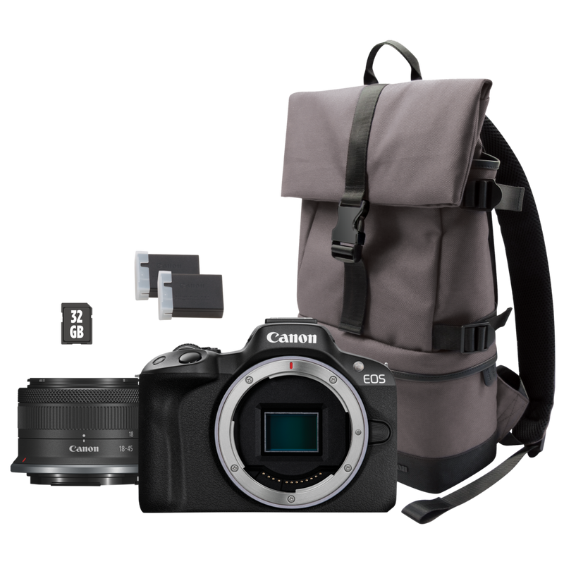 Canon EOS R50 spiegellose Kamera, Schwarz + RF-S 18-45mm F4.5-6.3 IS STM + Rucksack + SD-Karte + Ersatzakku Produkt Vorderansicht mit Tasche und Objektiv