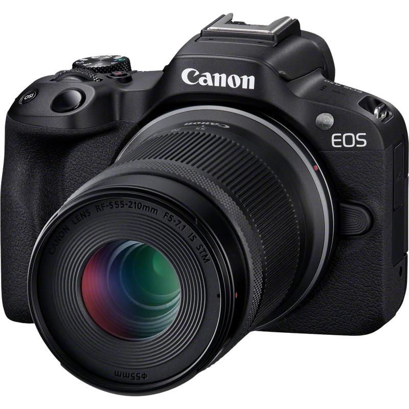 Canon EOS R50 spiegellose Kamera, Schwarz + RF-S 18-45mm F4.5-6.3 IS STM + Rucksack + SD-Karte + Ersatzakku Produkt Vorderansicht