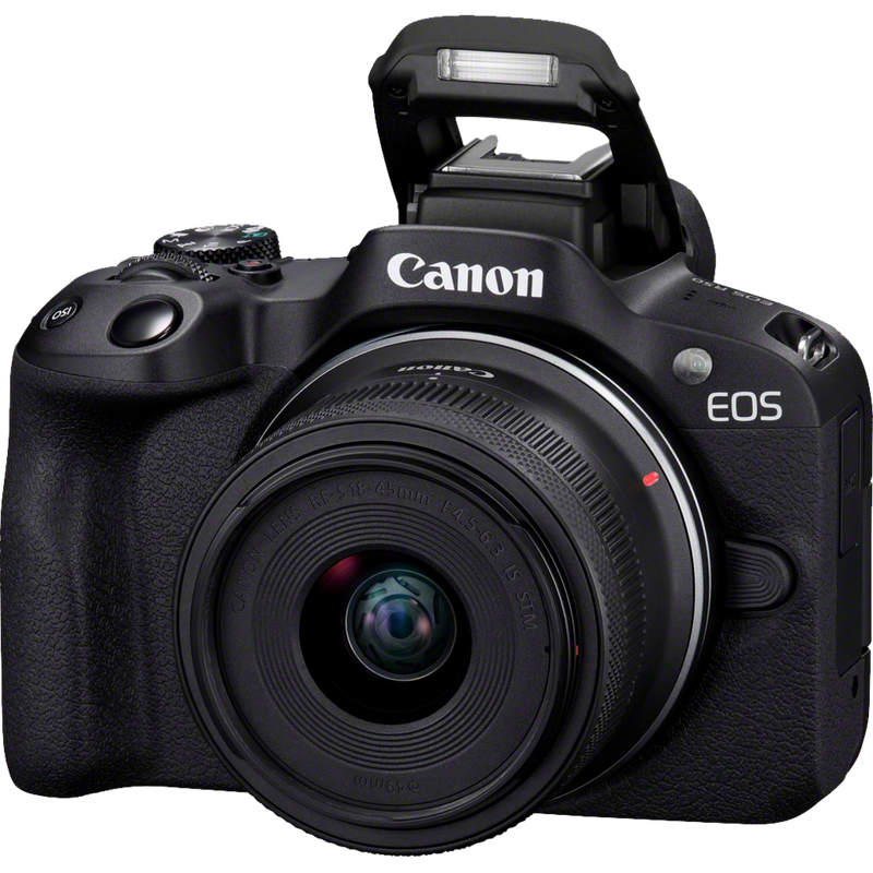 Canon EOS R50 spiegellose Kamera, Schwarz + RF-S 18-45mm F4.5-6.3 IS STM + Rucksack + SD-Karte + Ersatzakku Produkt Vorderansicht mit Blitz