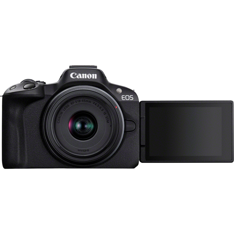 Canon EOS R50 spiegellose Kamera, Schwarz + RF-S 18-45mm F4.5-6.3 IS STM + Rucksack + SD-Karte + Ersatzakku Produkt Vorderansicht mit Display