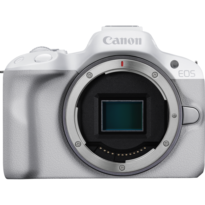 Canon EOS R50 spiegellose Kamera, Weiß und RF-S 18-45mm F4.5-6.3 IS STM Objektiv Produkt Vorderansicht