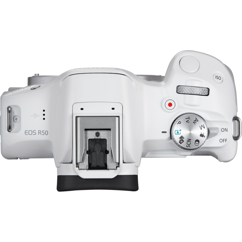 Canon EOS R50 spiegellose Kamera, Weiß und RF-S 18-45mm F4.5-6.3 IS STM Objektiv Produkt Ansicht von oben