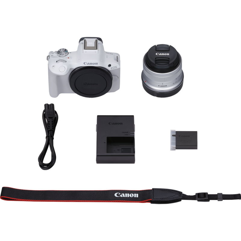 Canon EOS R50 spiegellose Kamera, Weiß und RF-S 18-45mm F4.5-6.3 IS STM Objektiv Produkt Lieferumfang