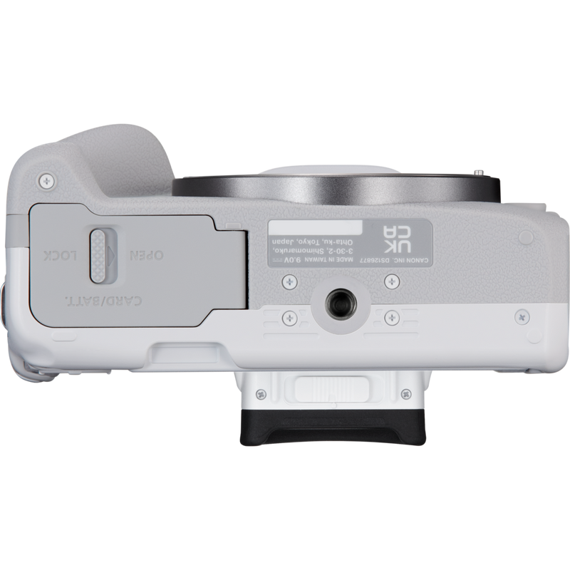 Canon EOS R50 spiegellose Kamera, Weiß und RF-S 18-45mm F4.5-6.3 IS STM Objektiv Produkt Ansicht von unten