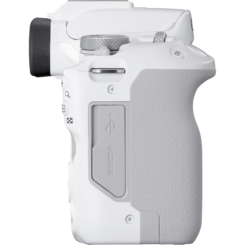 Canon EOS R50 spiegellose Kamera, Weiß und RF-S 18-45mm F4.5-6.3 IS STM Objektiv Produkt Ansicht von links