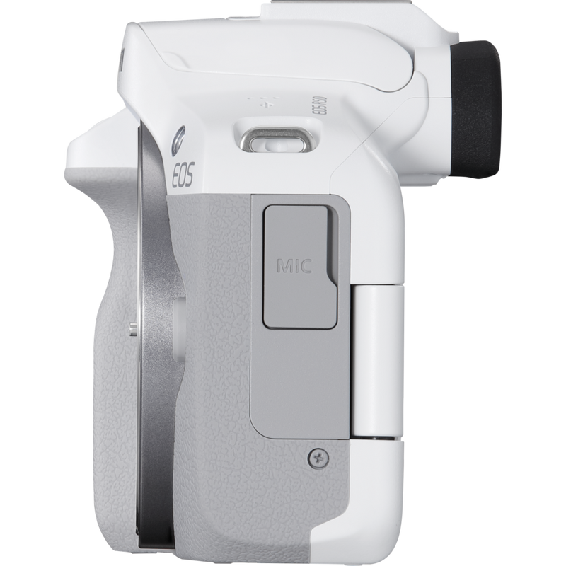 Canon EOS R50 spiegellose Kamera, Weiß und RF-S 18-45mm F4.5-6.3 IS STM Objektiv Produkt Ansicht von rechts