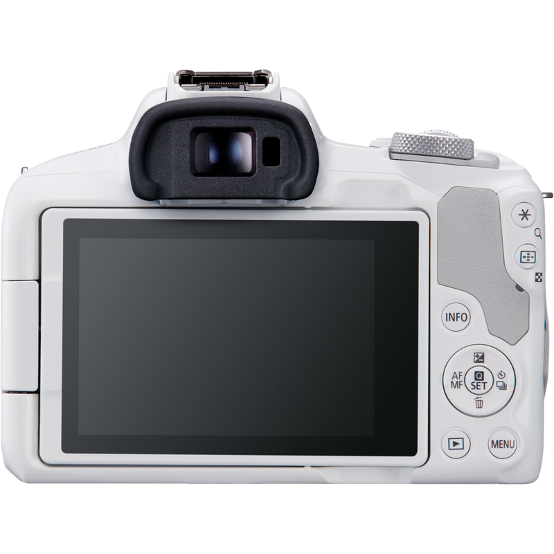 Canon EOS R50 spiegellose Kamera, Weiß und RF-S 18-45mm F4.5-6.3 IS STM Objektiv Produkt Rückansicht