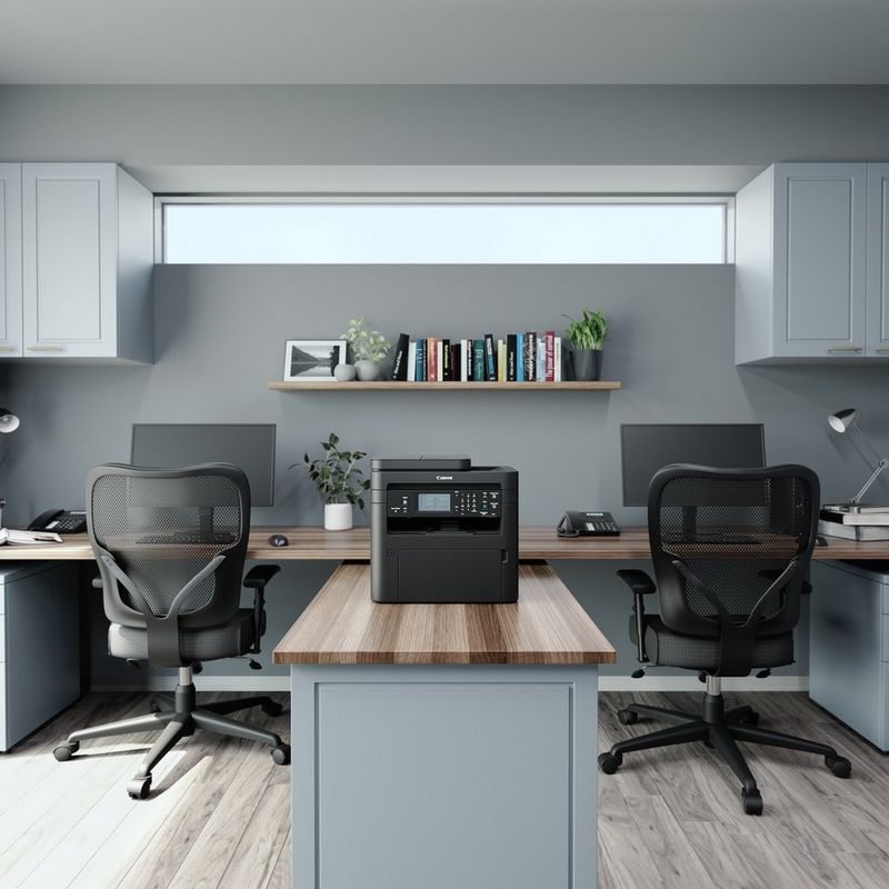 Canon i-SENSYS MF267dw II Schwarzweiß-Laser-Multifunktionssystem auf einem Tisch in einem Büro