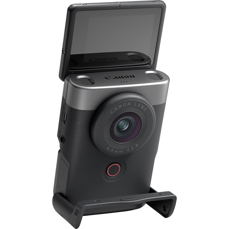 PowerShot-V10 Vorderansicht von schräg oben rechts mit integriertem Standfuß und Bildschirm