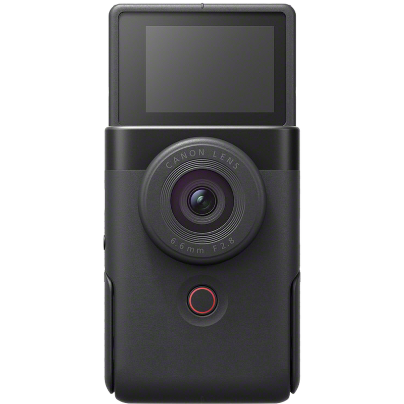 PowerShot-V10 Vorderansicht mit aufgeklapptem Display