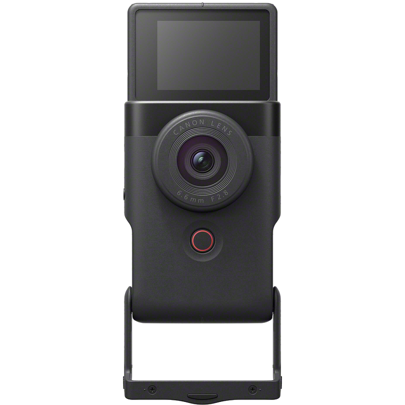 PowerShot-V10 Vorderansicht mit aufgeklapptem Display und Standfuß