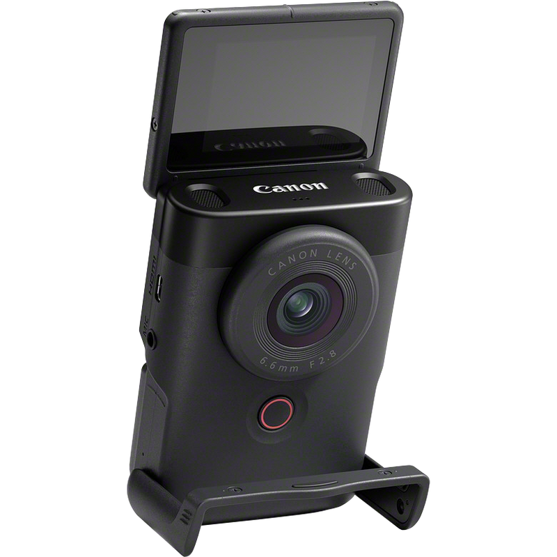 PowerShot-V10 Vorderansicht von schräg oben rechts mit integriertem Standfuß und Bildschirm