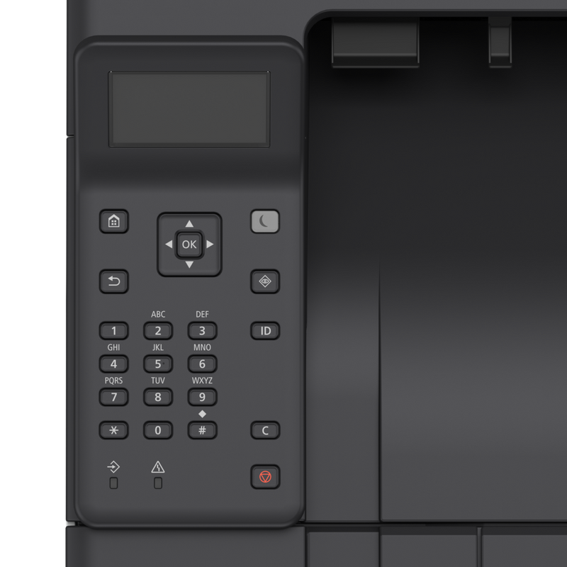 Nahaufnahme von Druckerbildschirm und Tastatur