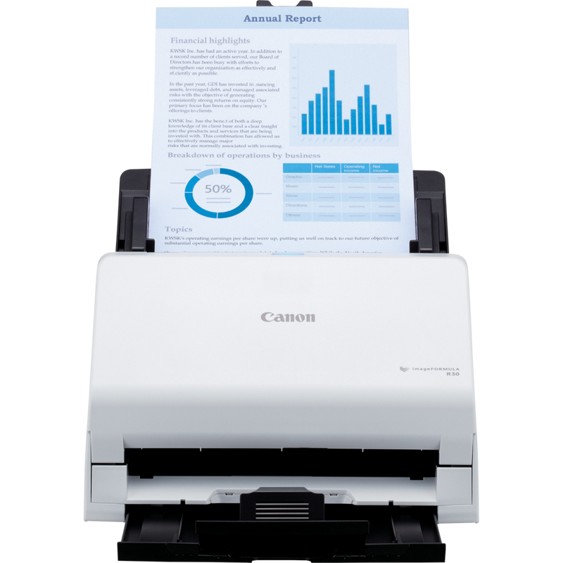 Canon imageFORMULA R30 Document Scanner Product Front view with paper in the tray