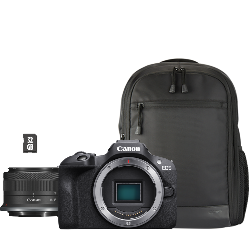 Canon EOS R100 spiegelloses Kamera Produkt Produkt mit Rucksack, Objektiv, Speicherkarte und Akkus
