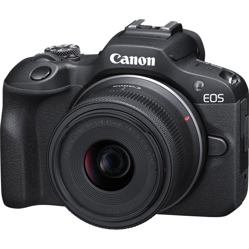 Canon EOS R100 spiegelloses Kamera Produkt Schrägansicht von vorne links