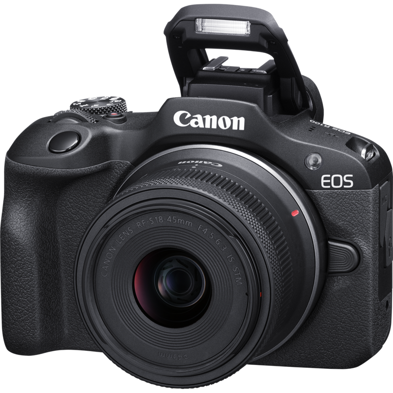 Canon EOS R100 spiegelloses Kamera Produkt Vorderansicht von schräg links mit geöffnetem Blitz