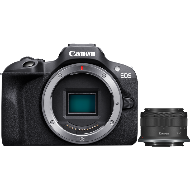 Canon EOS R100 spiegelloses Kamera Produkt Vorderansicht mit Objektiv auf der Seite