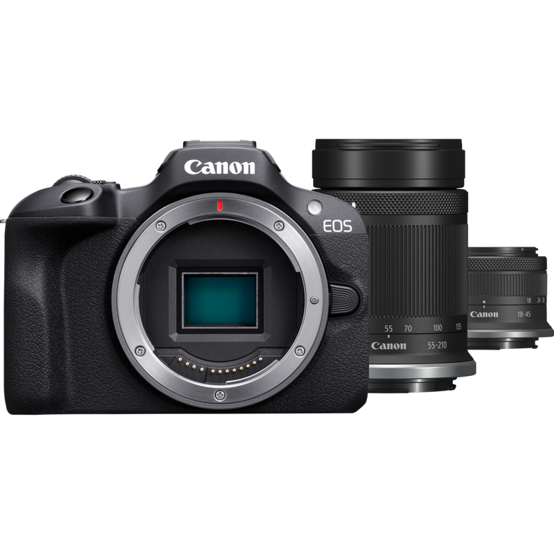 Canon EOS R100 spiegelloses Kamera Produkt Vorderansicht mit Objektiven dahinter