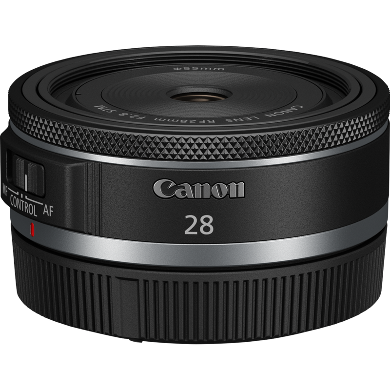 Canon RF 28mm F2.8 STM Objektiv Produkt Ansicht von schräg oben mit Abdeckung