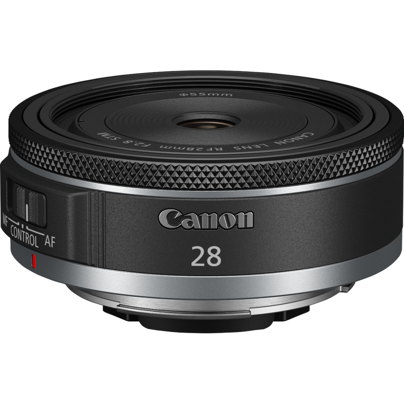 Canon RF 28mm F2.8 STM Objektiv Produkt Schrägansicht von oben