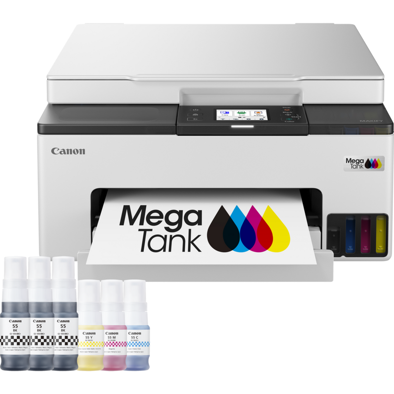Canon MAXIFY GX1050 Wireless Colour 3-in-1 Refillable MegaTank Inkjet Printer Product Front view with inks