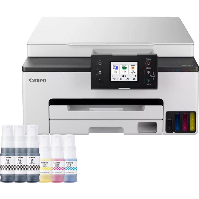 Canon MAXIFY GX1050 Wireless Colour 3-in-1 Refillable MegaTank Inkjet Printer Product Front view with inks