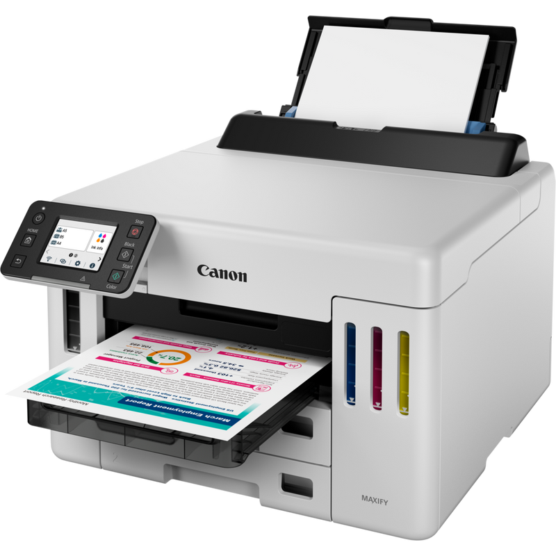 Canon MAXIFY GX5550 Wireless Colour Refillable MegaTank Inkjet Printer Front angled view with printout on the tray