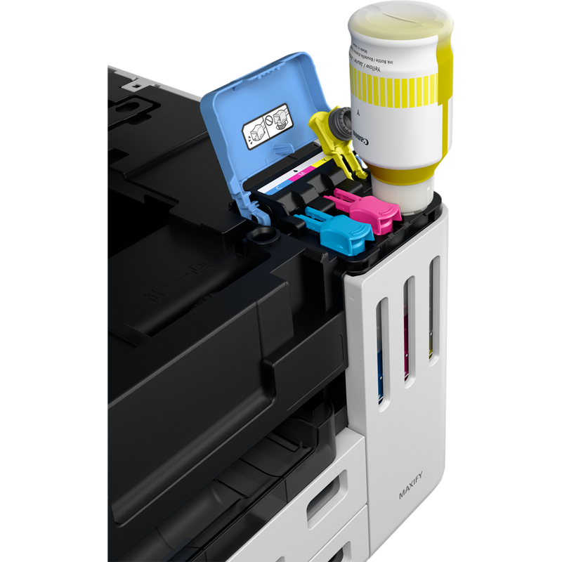 Canon MAXIFY GX5550 Wireless Colour Refillable MegaTank Inkjet Printer Yellow ink refilling using genuine canon ink bottle