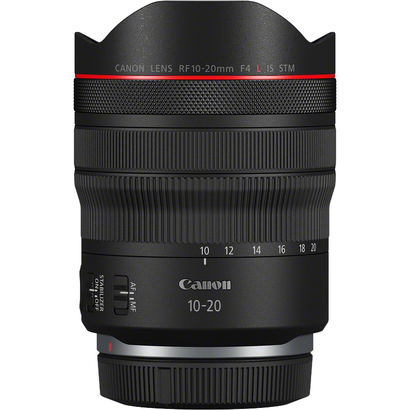 Canon RF 10-20mm F4L IS STM Objektiv Hand hält Kamera, an der das Produkt angebracht ist