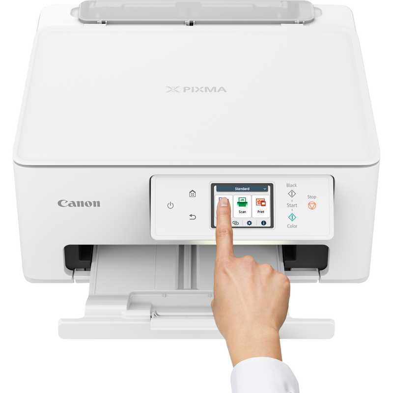 Canon PIXMA TS7650i Wireless Colour 3-in-1 Inkjet Photo Printer Front view with user operating the printer
