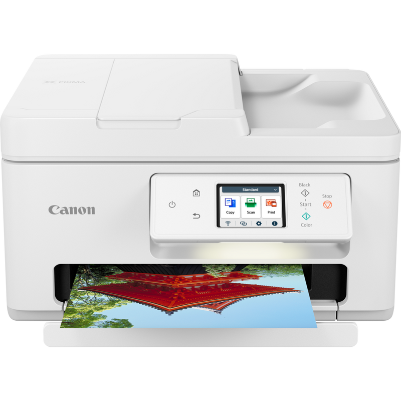 Canon PIXMA TS7750i Wireless Colour 3-in-1 Inkjet Photo Printer Product Front view with printout at the top of the printer