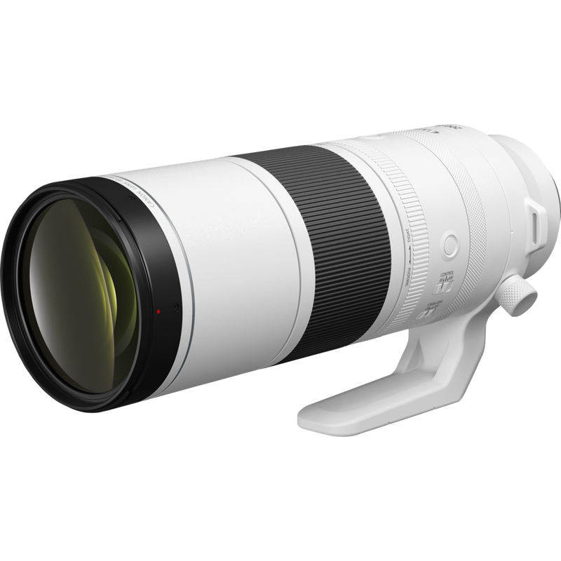 Canon RF 200-800mm F6.3-9 IS USM Objektiv Produkt: Schrägansicht mit Ständer von links
