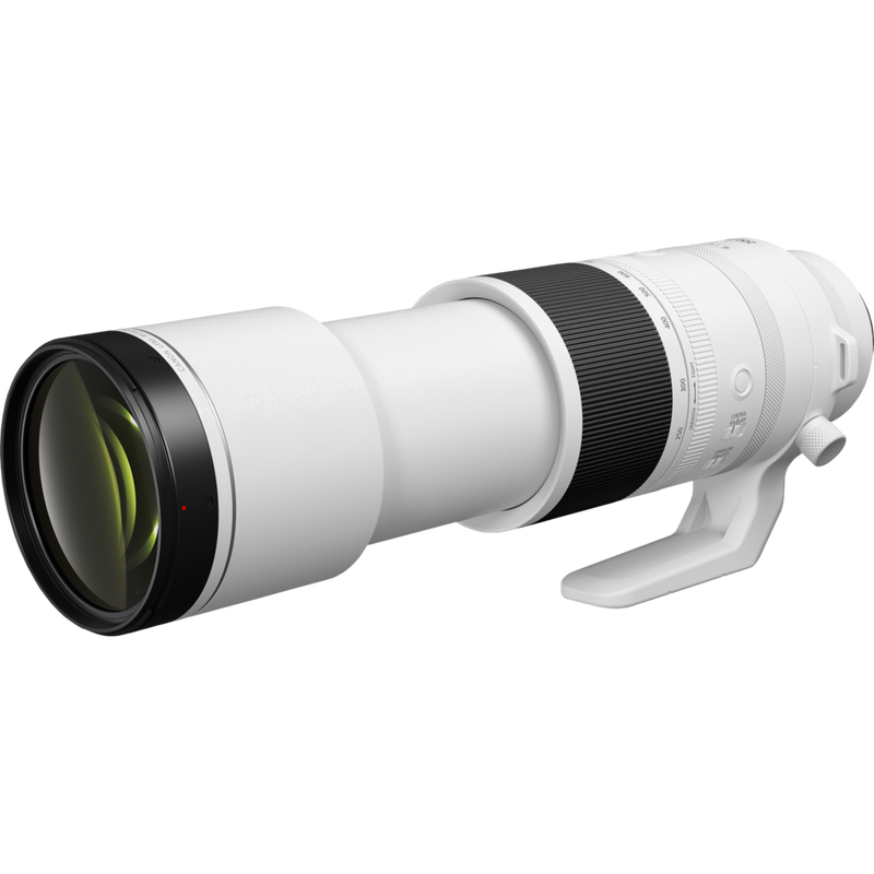 Canon RF 200-800mm F6.3-9 IS USM Objektiv Produkt: Schrägansicht mit Ständer von links, erweitert
