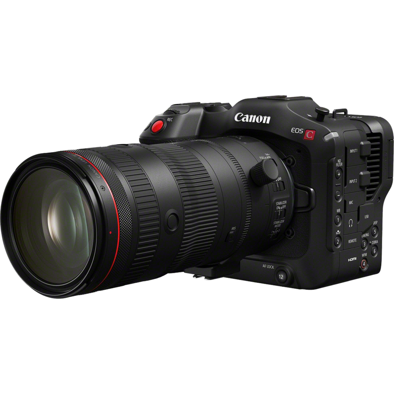 Canon RF 24-105mm F2.8L IS USM Z Objektiv Produkt: Schrägansicht von links, Anbringung an einer Kamera